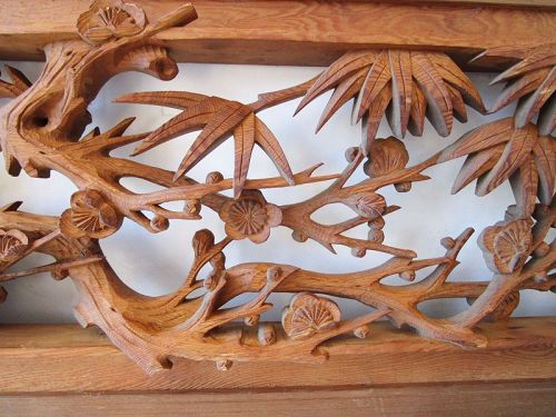 Japanese Ranma Transom Fine Relief Hand Carved Bamboo  & Plum Blossoms