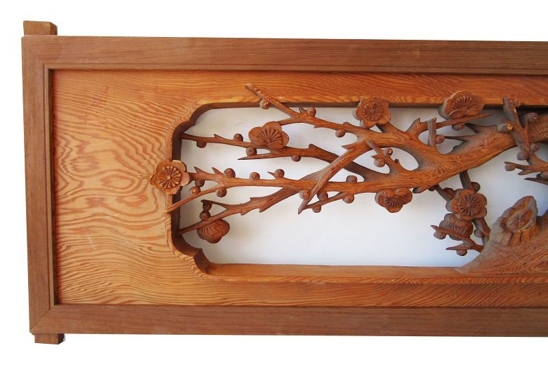 Japanese Ranma Transom Fine Relief Hand Carved Bamboo  &amp; Plum Blossoms