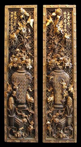 Pair of Antique Chinese Gilt Wood Carved Panels