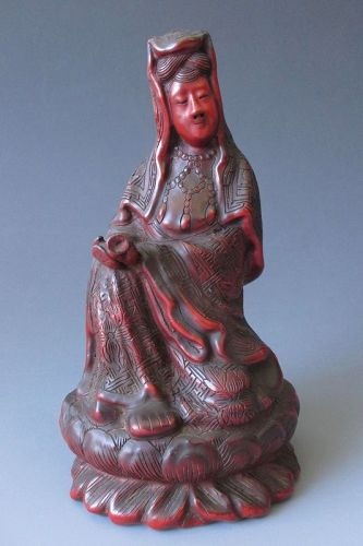 Japanese Antique Carved Cinnabar Lacquer Quan yin