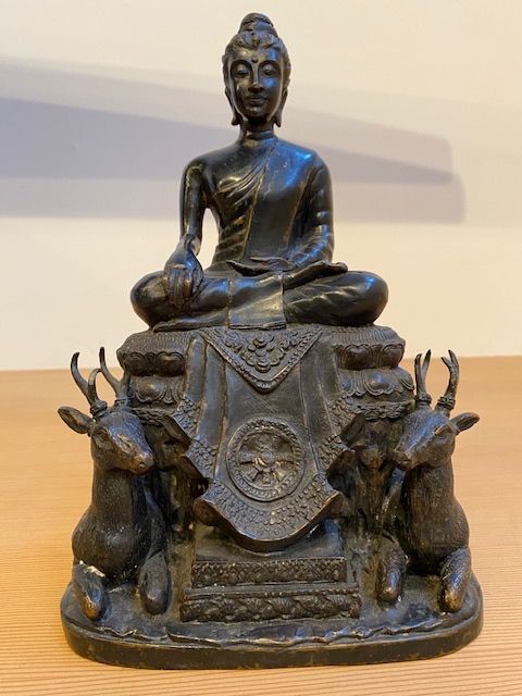 Southeast Asian Bronze Buddha with Deer and Wheel of Dharma