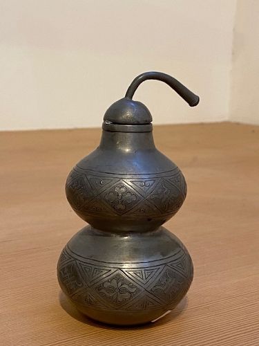 Antique Chinese Pewter Gourd Container