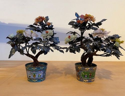 Pair Jade Peony Floral Arrangement in Cloisonne Planters