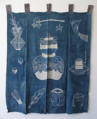 Japanese Antique Indigo Textile with Tea Ceremony Design