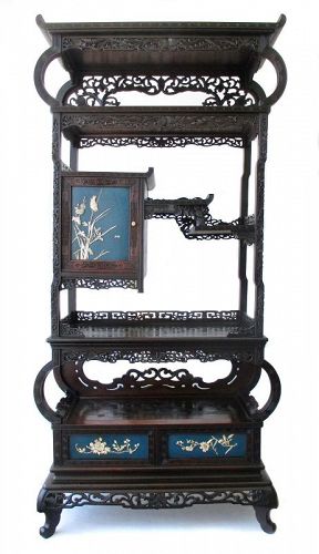 Japanese Antique Shodana Curio Cabinet with Bone Inlay & Blue Lacquer