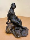 Japanese Bronze Seated Maiden on Carved Wood Base