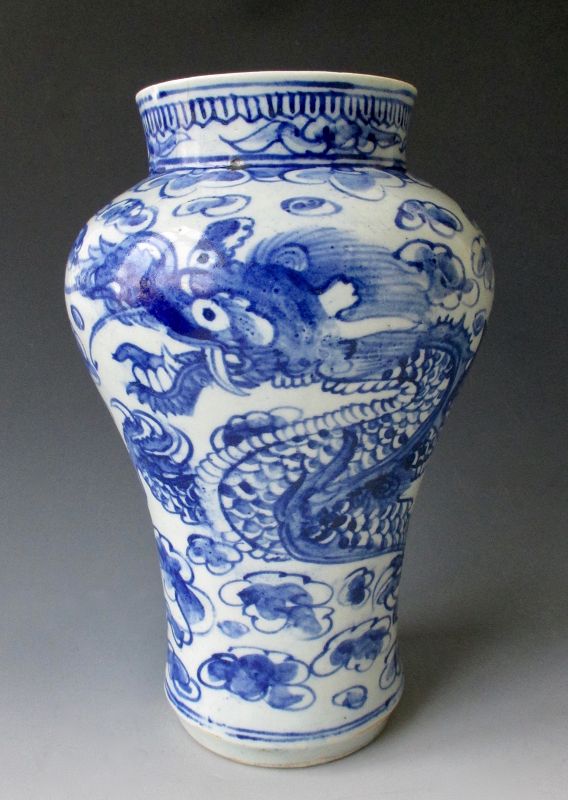 Korean Antique Porcelain Blue and White Dragon Vase