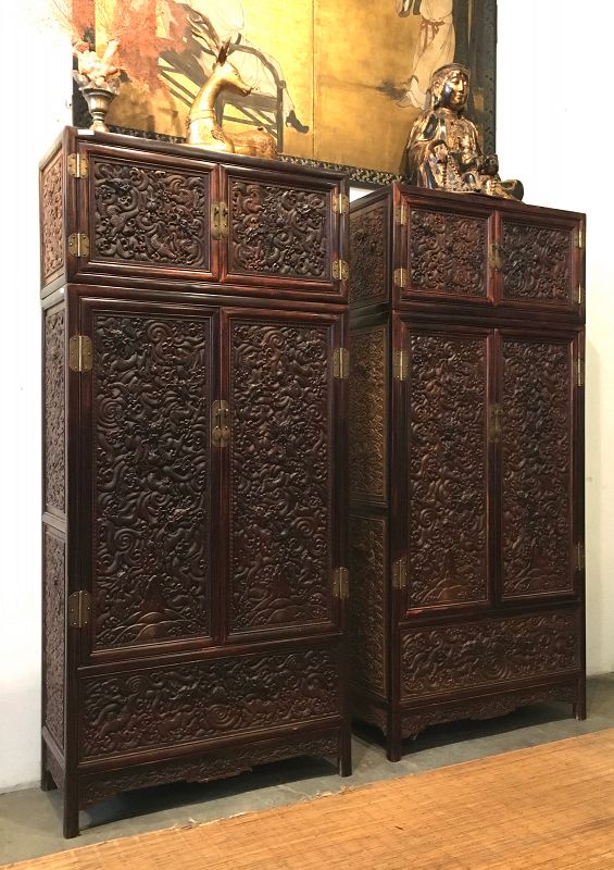 Pair of Chinese Mixed Hardwood Compound Cabinets with Dragons