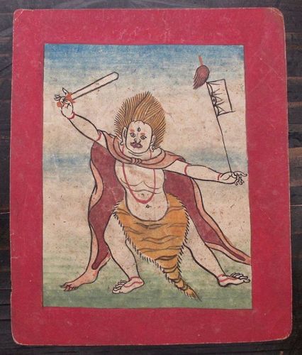 Tibetan Antique Tsakli Card with Painting of Heruka with Tiger Skin