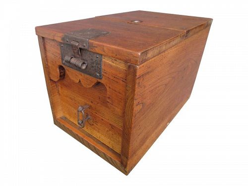 Antique Japanese Zeni Bako (Merchant Coin Box) Keyaki & Secret Box Edo