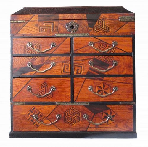 Japanese Antique Yosegi Kobako (Marquetry Drawer Box) with Lid