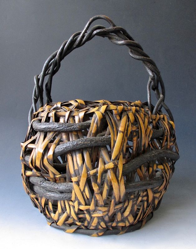 Japanese Antique Bamboo Ikebana Basket with Wisteria Vine