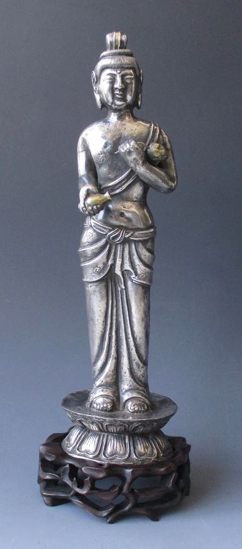 Chinese Antique Silver Figure of Standing Bodhisattva