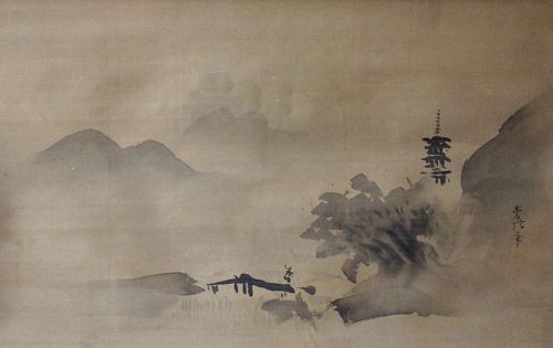 Japanese Antique Scroll Painting of a Tall Pagoda, by Kano Tsunenobu