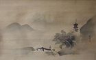 Japanese Antique Scroll Painting of a Tall Pagoda, by Kano Tsunenobu