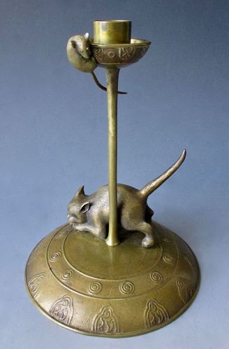 Japanese Antique Bronze Candlestick with Cat and Mouse