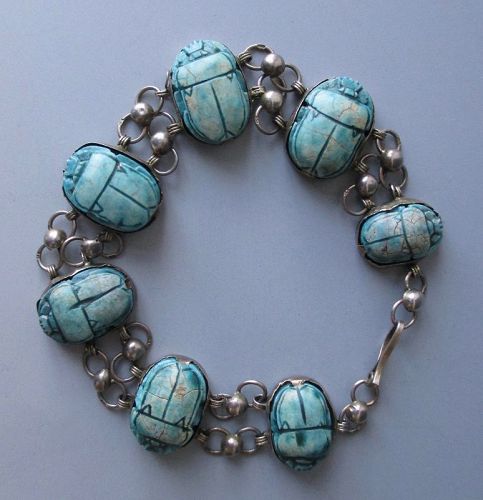 Bracelet with Ancient Egyptian Scarabs,  Faience and Silver