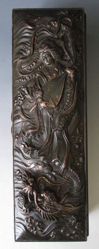 Japanese Antique Bronze Box with Goddess Benten and Dragon