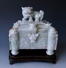 Chinese Antique Highly Carved Jade Lidded Box with Fu-lion