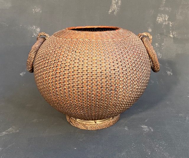 Antique Japanese Bamboo Ikebana Basket Sea Urchin Shell Fine Weave
