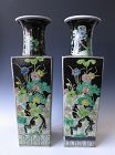 Chinese Antique Pair of Square Form Famille Noir Porcelain Vases