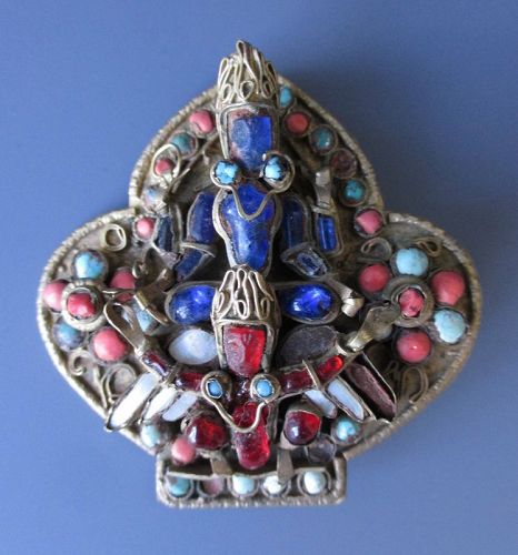 Antique Tibetan Inlaid Pin of Vishnu and Garuda