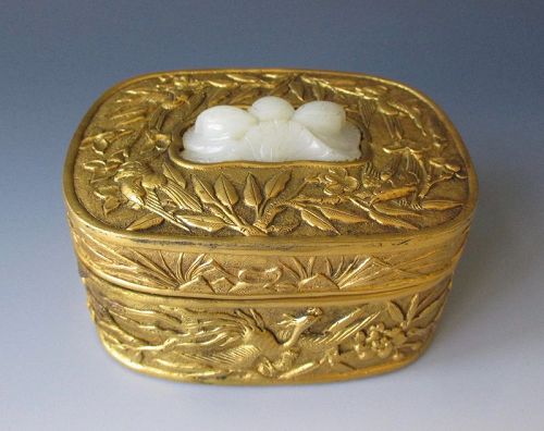 Chinese Antique Gilt Copper Repoussé Box with Jade