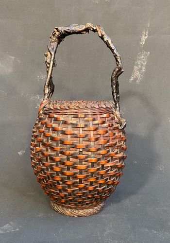 Antique Japanese Bamboo Ikebana Basket Barrel Shape Wisteria Handle