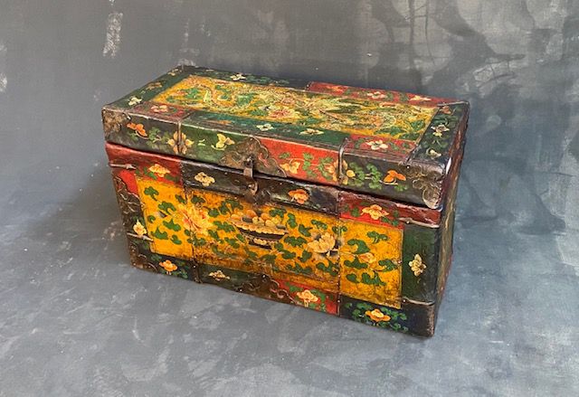 Antique Tibetan Traveling Trunk Hand Painted Leather Over Wood