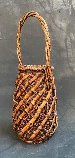 Antique Japanese Bamboo Ikebana Basket Diagonal Cross-hatch Design