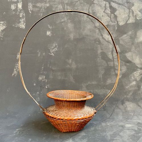 Antique Ikebana Bamboo Basket Ancient Vessel Exaggerated Loop Handle
