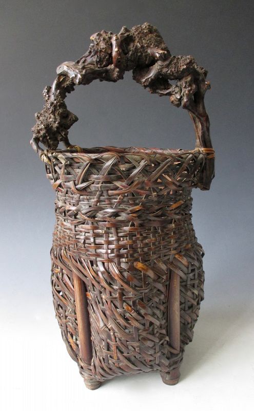 Japanese Antique Bamboo Ikebana Basket with Rootwood Handle