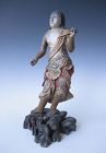 Japanese Antique Polychrome Wood Carving of a Buddhist Attendant