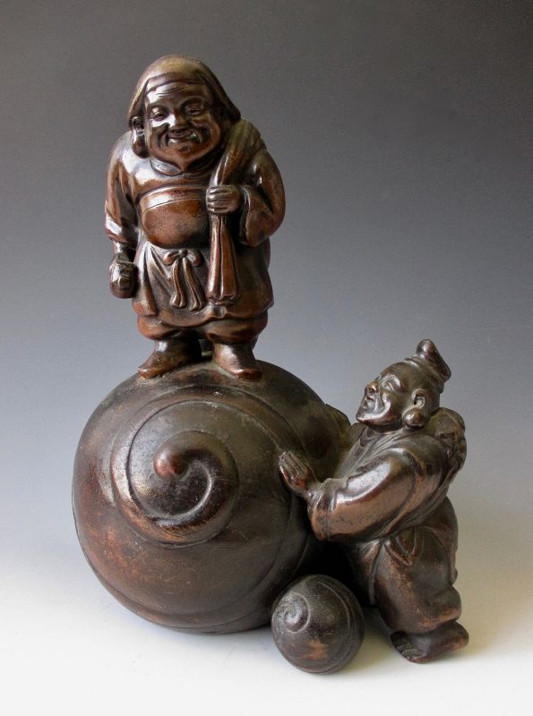 Japanese Antique Bizen Ware Sculpture of Ebisu and Daikoku
