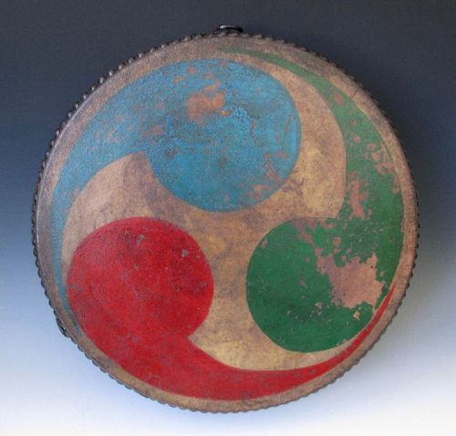 Japanese Antique Taiko Drum with Multicolor Mitsu Domoe Design