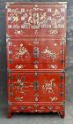 Rare Korean Early 20th C. Red Lacquer Cabinets with Inlay