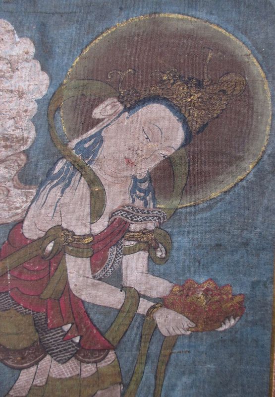Japanese Antique Scroll Painting of Amida Raigo Sanzon (Triad)