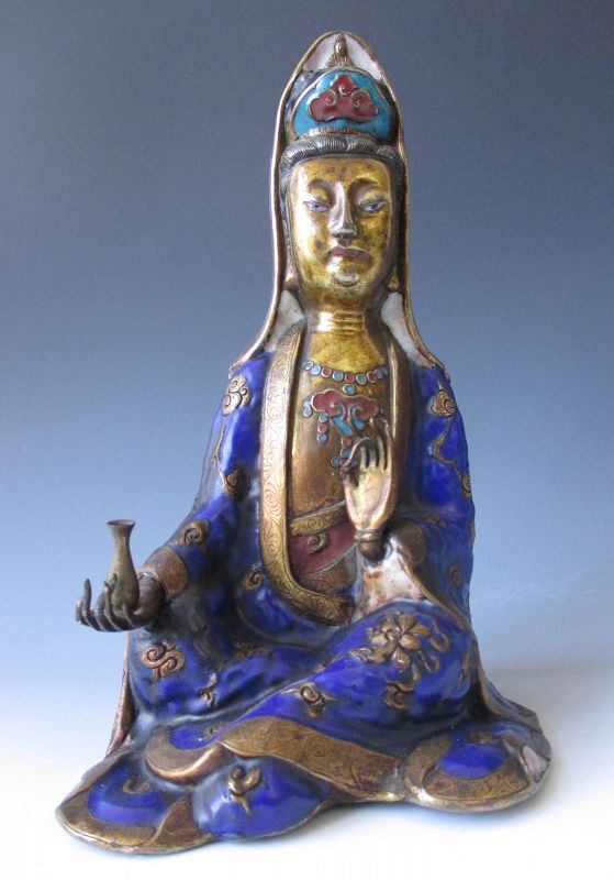 Chinese Antique Bronze and Enamel Cloisonné Seated Guanyin