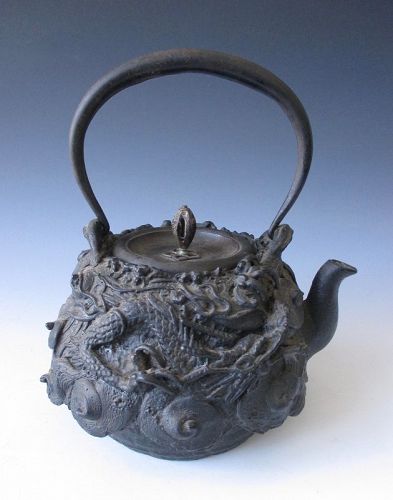 Japanese Antique Iron Tetsubin (Tea Pot) with Dragon in Clouds