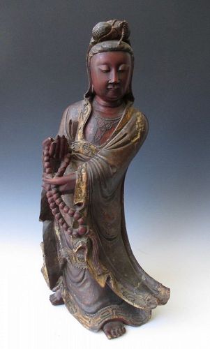 Chinese Antique Lacquered Wood Figure of Quanyin (Kannon)