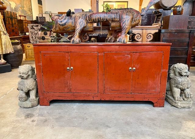Contemporary Chinese Buffet Chest Red Lacquer Up Cycled Wood