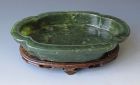 Chinese Antique Spinach Jade Quatrefoil Lobed Bowl on Stand