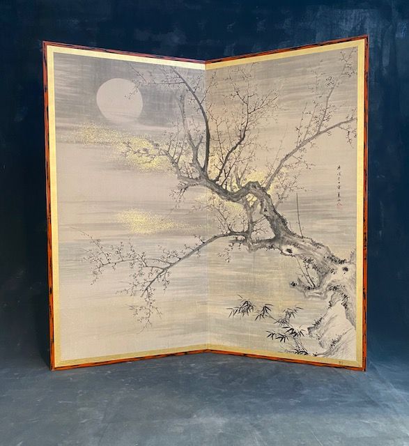 Antique Japanese Byobu Screen 2 Panel Cherry Blossom Tree & Full Moon