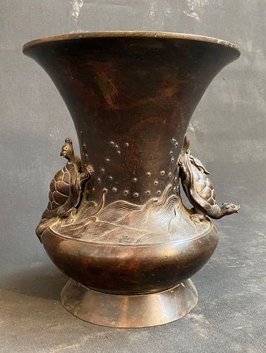 Antique Japanese Bronze Shrine Vase Pair of Sea Turtles & Hatchling