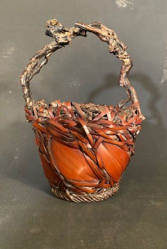Antique Ikebana Bamboo Basket Wisteria Handle & Mouth Organic Design