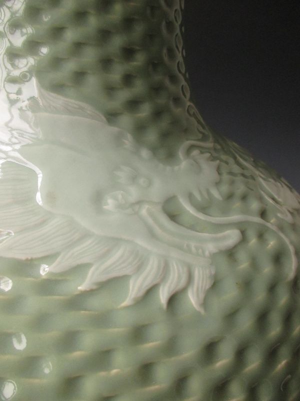 Large Chinese Antique Celadon Vase with Dragons