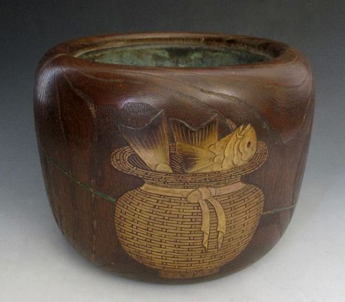 Japanese Antique Kiri Wood Hibachi with Gold Lacquer Fish