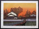 Japanese Woodblock Print of a Sunset and Houses, by K. Nishijima