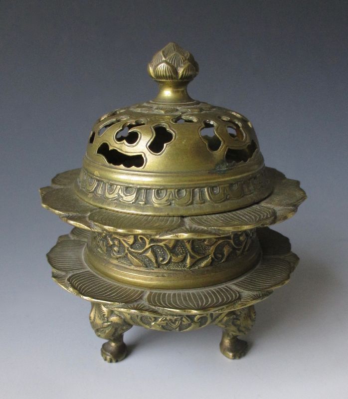 Chinese Antique Bronze Lotus Tiered Incensor