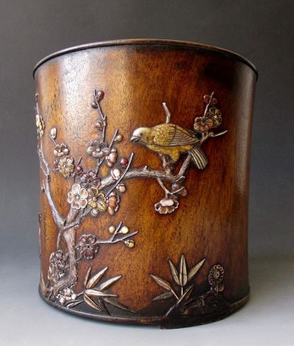 Chinese Large Antique Huanghuali Bitong (Brush Pot) with Poem